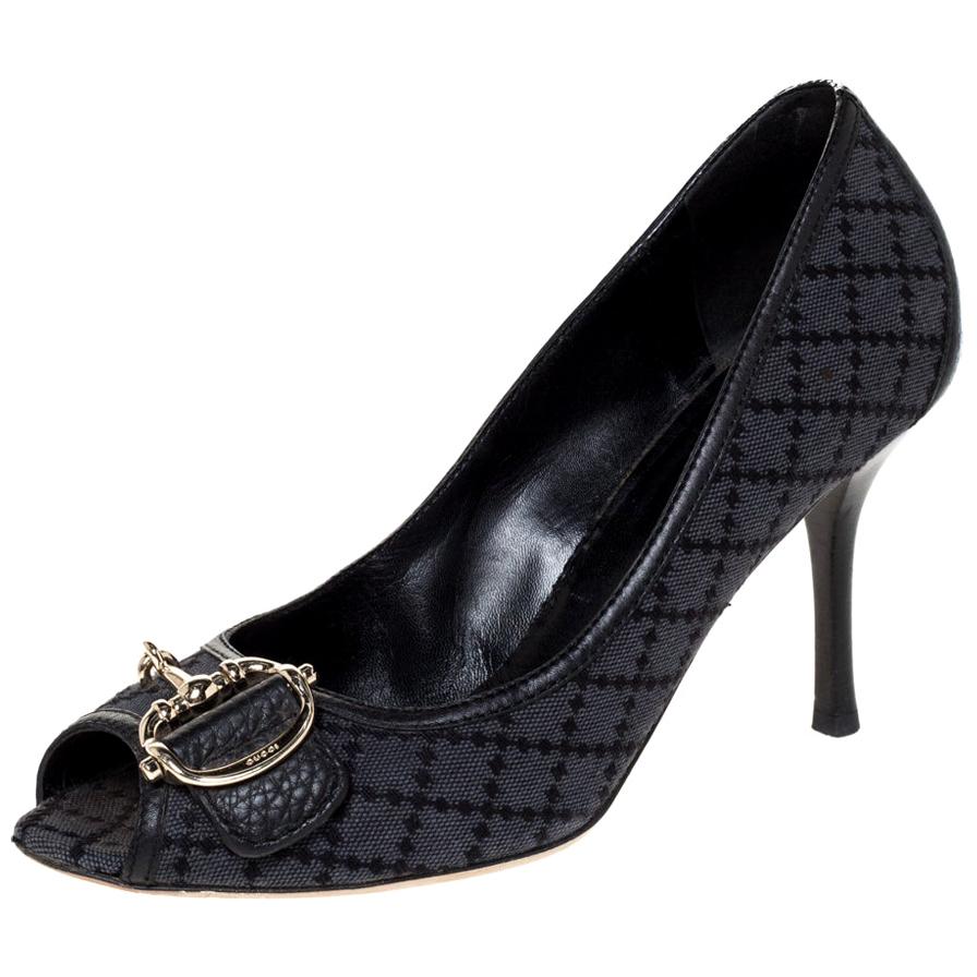 Gucci Black Diamante Canvas & Leather Trim Icon Bit Platform Peep Toe Pump 38