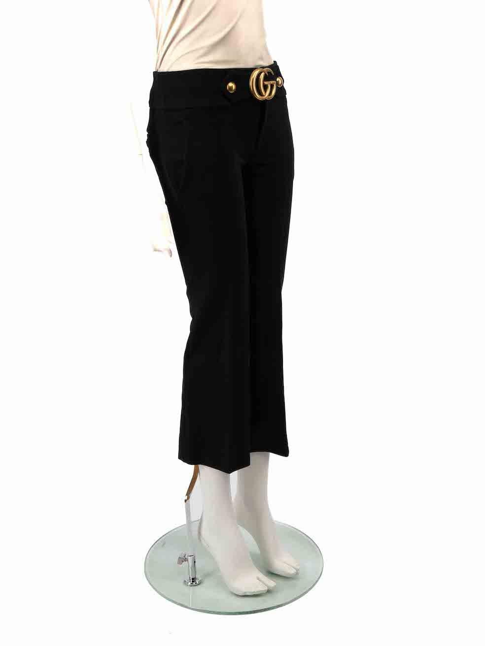 CONDITION is Very good. Minimal wear to trousers is evident. Minimal wear to metal buckle with some slight tarnishing on this used Gucci designer resale item.
 
 
 
 Details
 
 
 Model: Doppia
 
 Black
 
 Viscose
 
 Slim fit trousers
 
 Low rise
 
