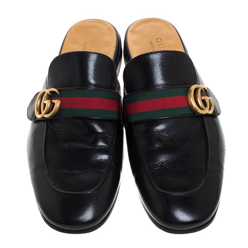Gucci Black Double G Leather Princetown Flat Mules Size 42.5 In Good Condition In Dubai, Al Qouz 2