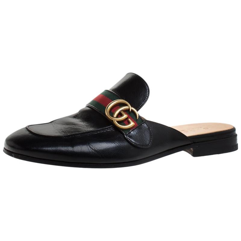 Gucci Black Double G Leather Princetown Flat Mules Size 42.5