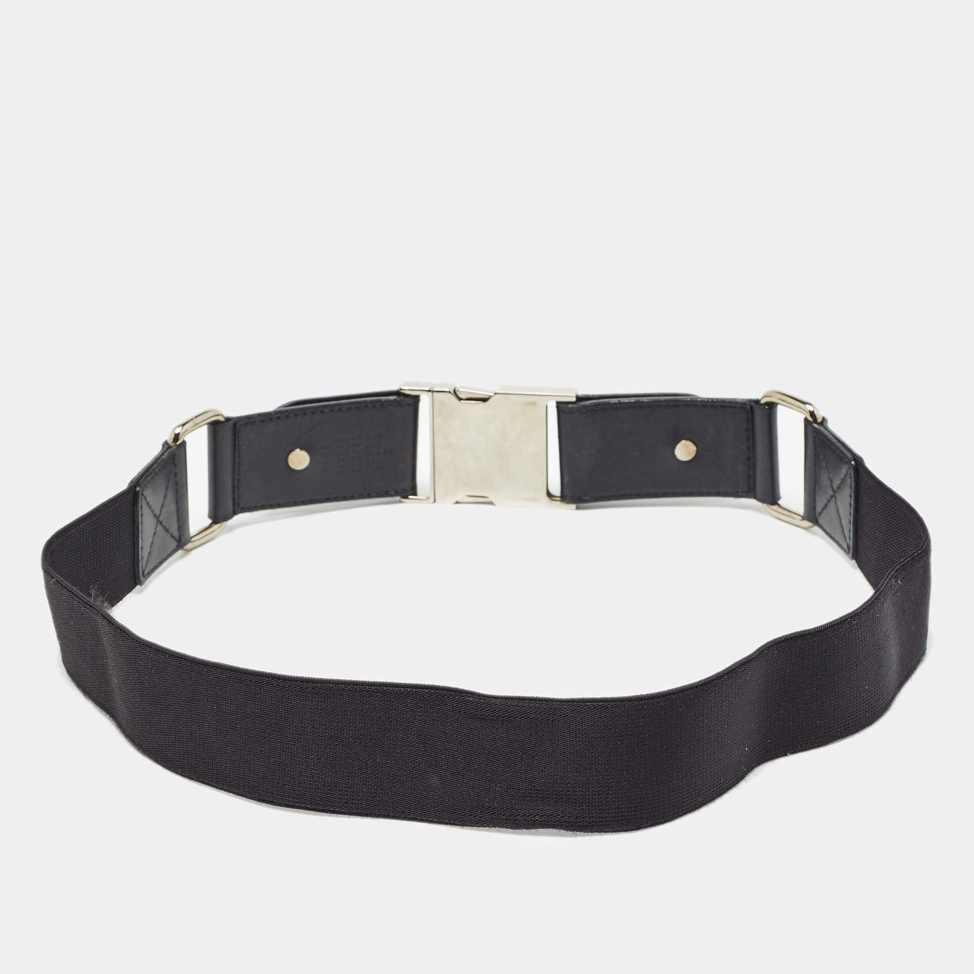 Gucci Black Elastic Band and Leather Logo Belt 80CM In Good Condition In Dubai, Al Qouz 2