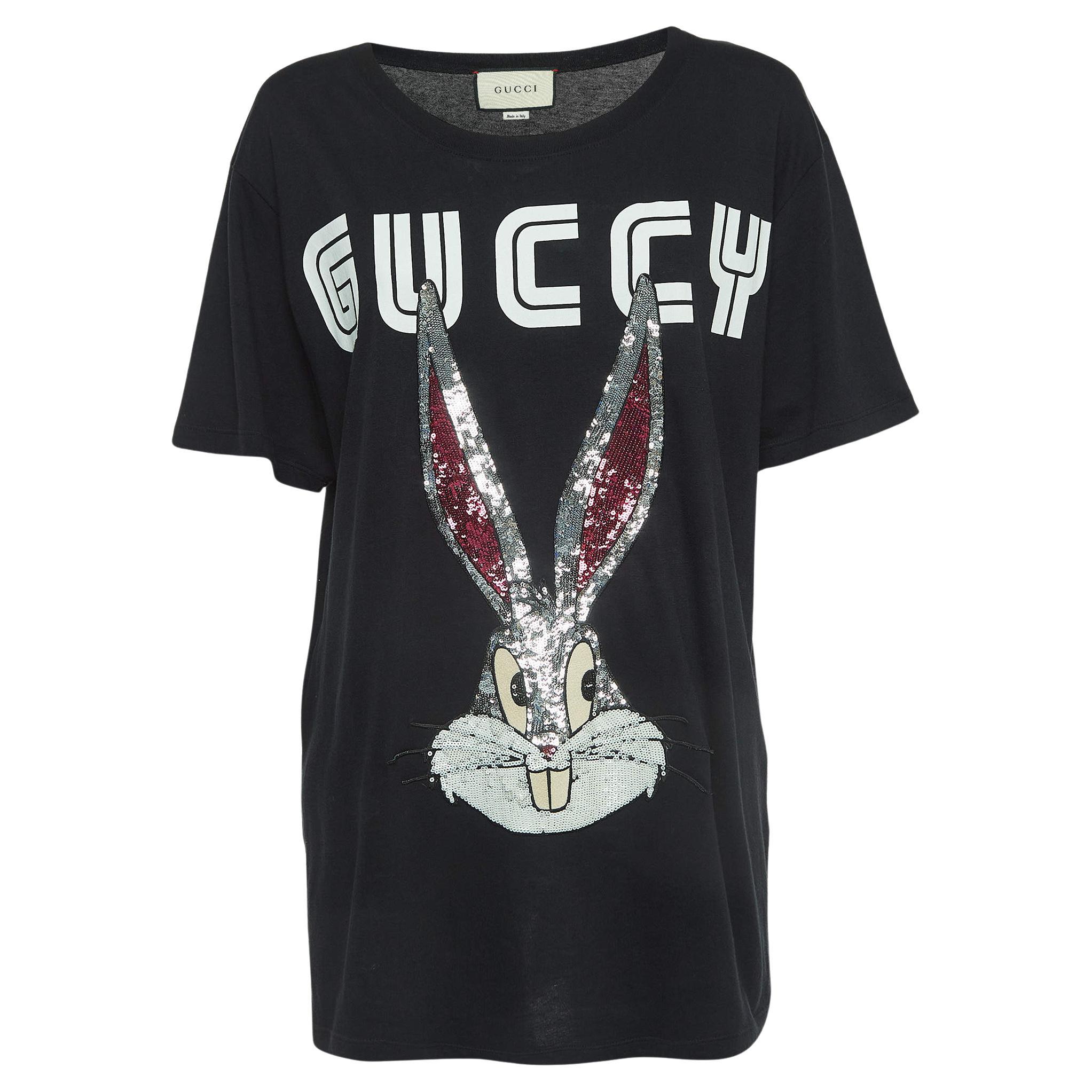 Gucci Black Embellished Bugs Bunny Cotton T-Shirt M For Sale