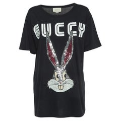 Gucci Schwarzes verziertes Bunny-Baumwoll-T-Shirt mit Käfern M