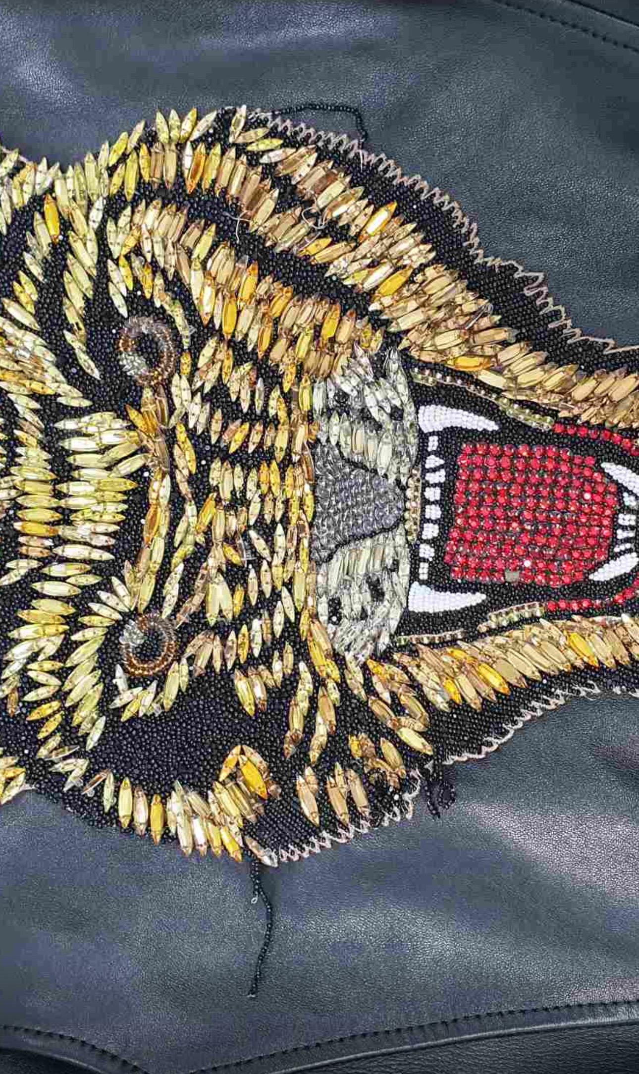 GUCCI Black Embroidered Crystal Tiger Bomber Leather Jacket For Sale 6