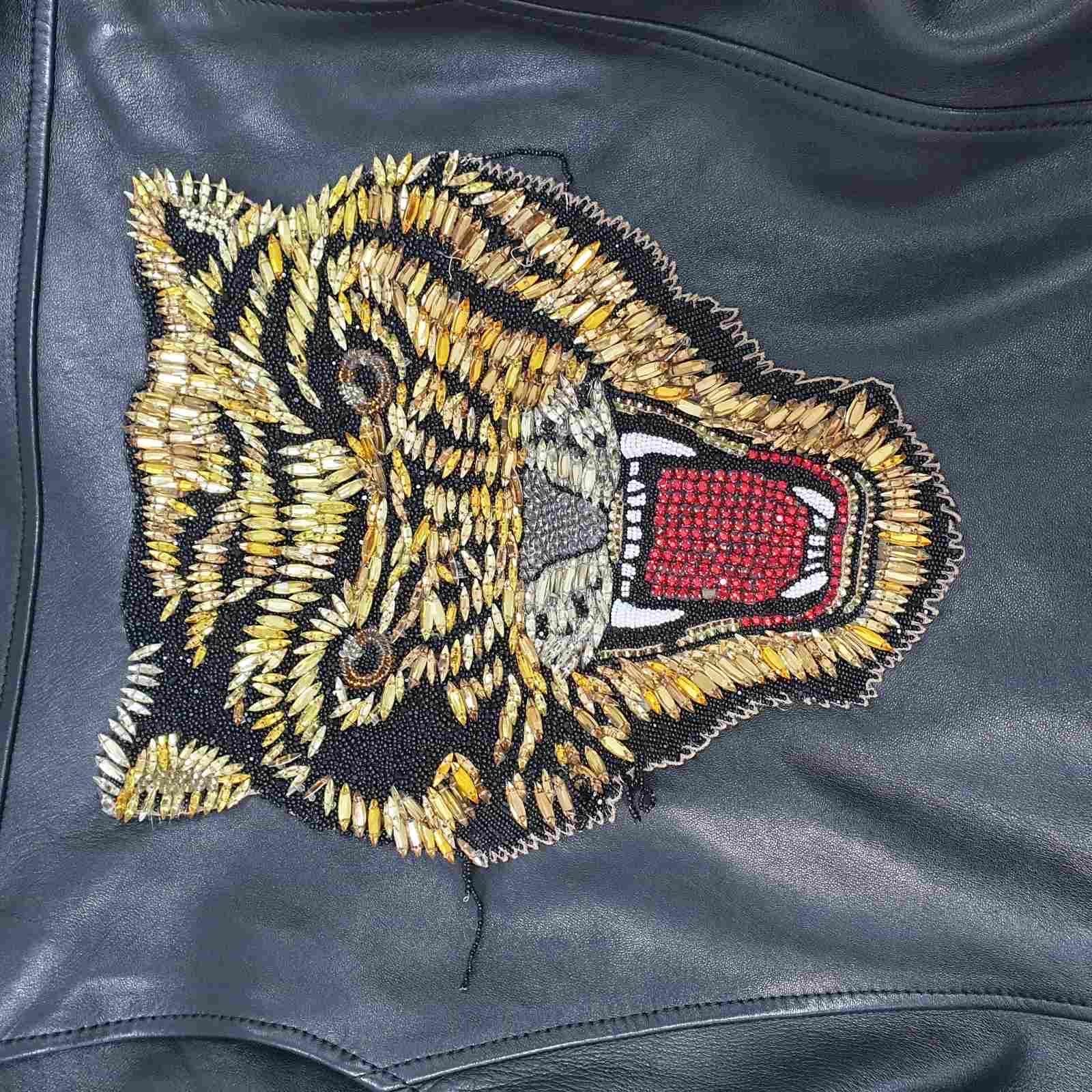 GUCCI Black Embroidered Crystal Tiger Bomber Leather Jacket For Sale 7