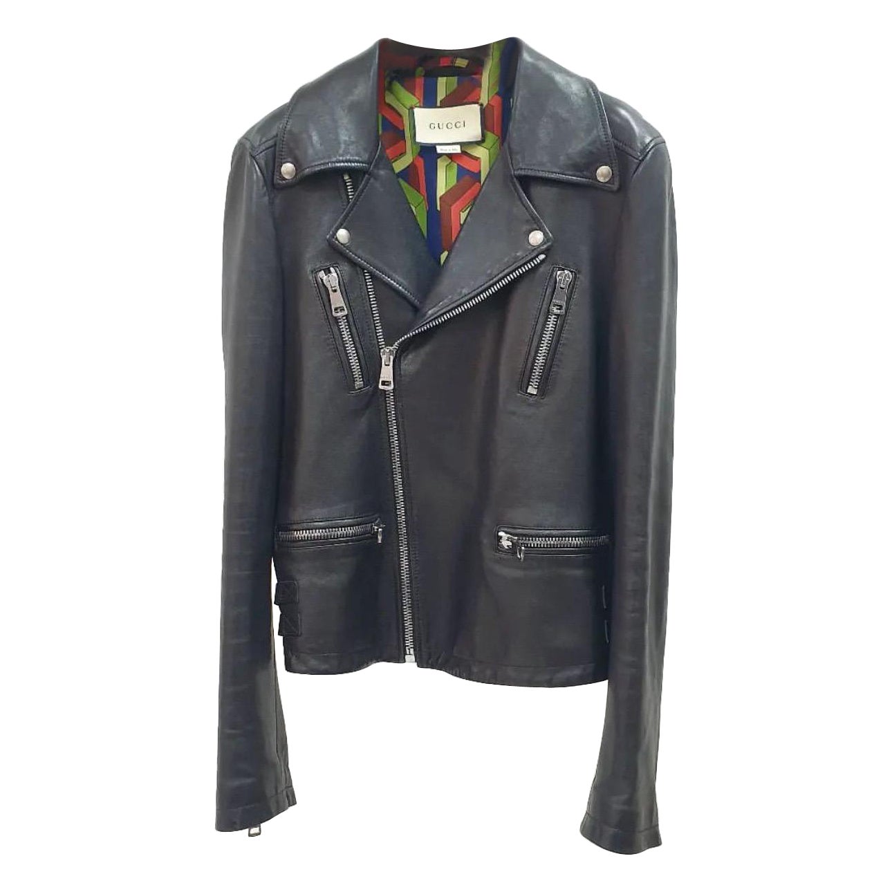 GUCCI Black Embroidered Crystal Tiger Bomber Leather Jacket