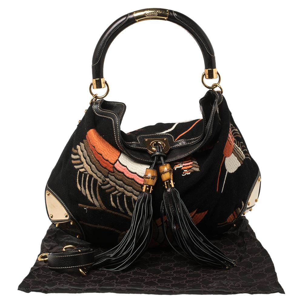 Gucci Black Embroidered Felt And Leather Large Babouska Indy Hobo 8