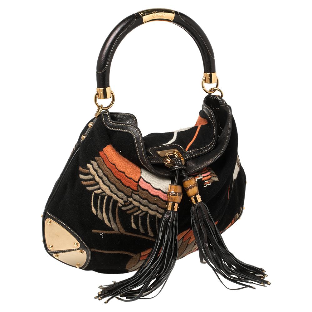 Women's Gucci Black Embroidered Felt And Leather Large Babouska Indy Hobo