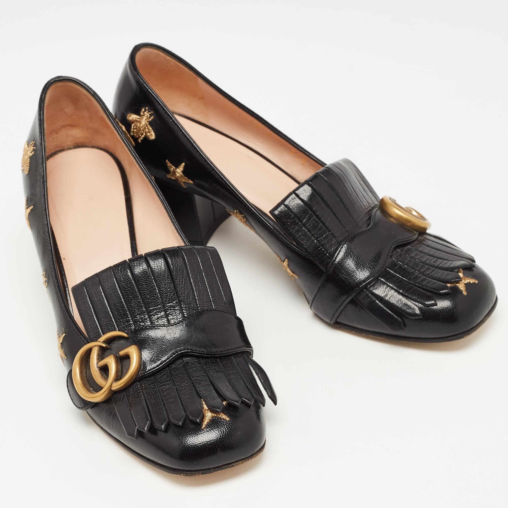 Gucci Black Embroidered Leather GG Marmont Fringe Pumps Size 37.5 3