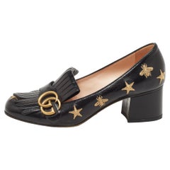 Gucci Black Embroidered Leather GG Marmont Fringe Pumps Size 37.5