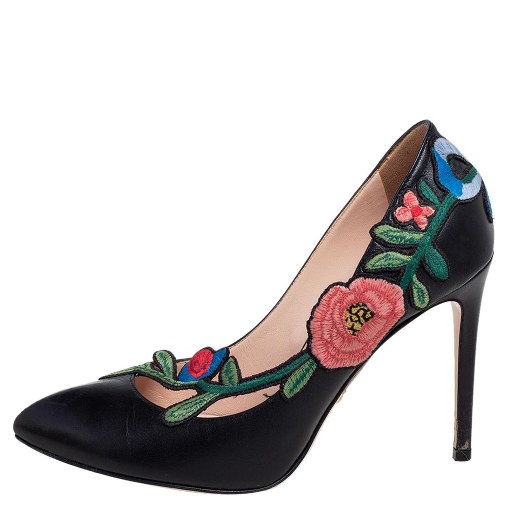 Women's Gucci Black Embroidered Leather Ophelia Pumps Size 37.5