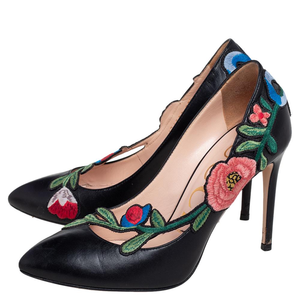 Gucci Black Embroidered Leather Ophelia Pumps Size 37.5 4