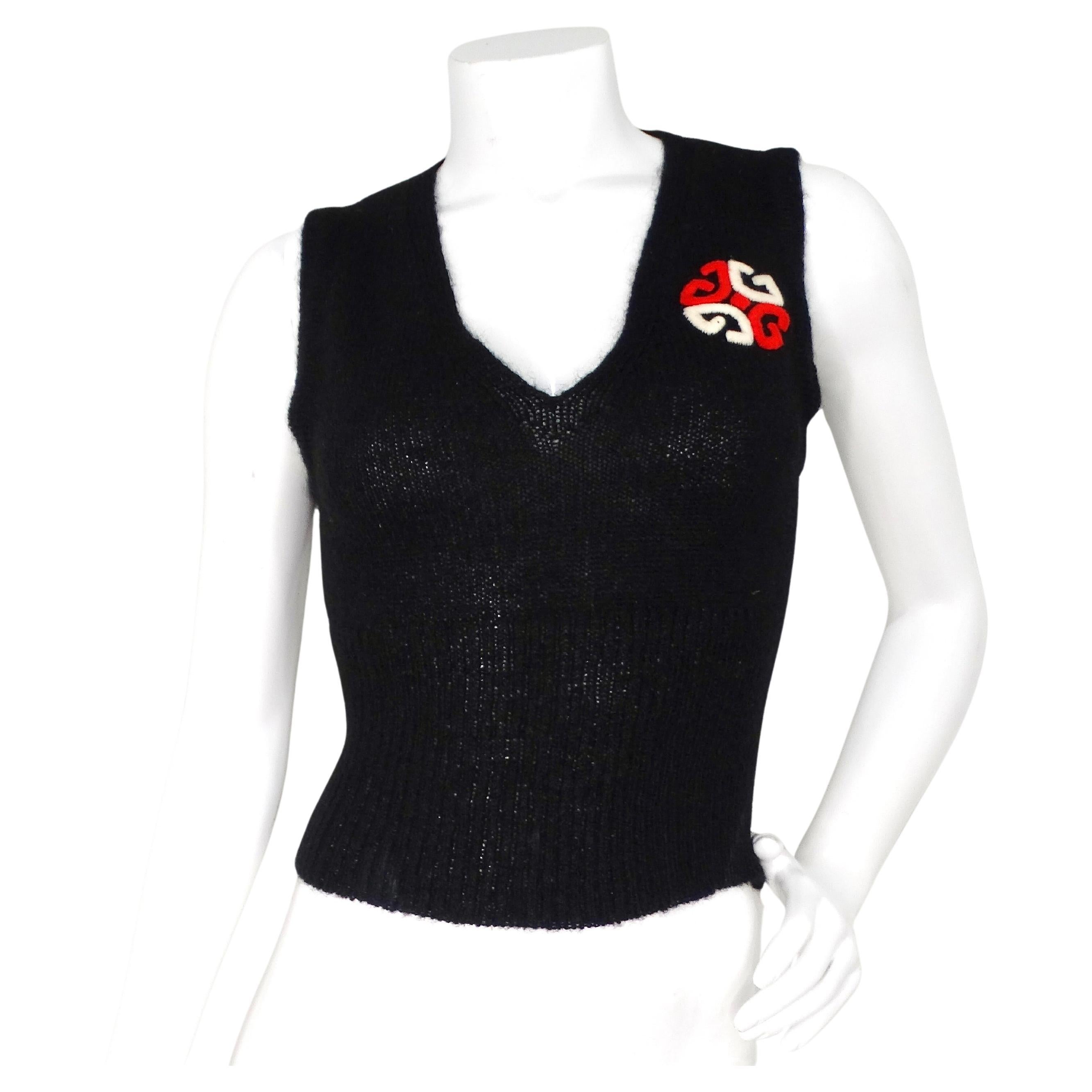 Gucci Black Embroidered Logo Knit Wool Blend Vest Top circa 1970s For Sale