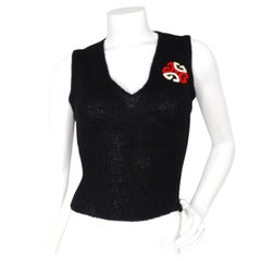 Gucci Black Embroidered Logo Knit Wool Blend Vest Top circa 1970s