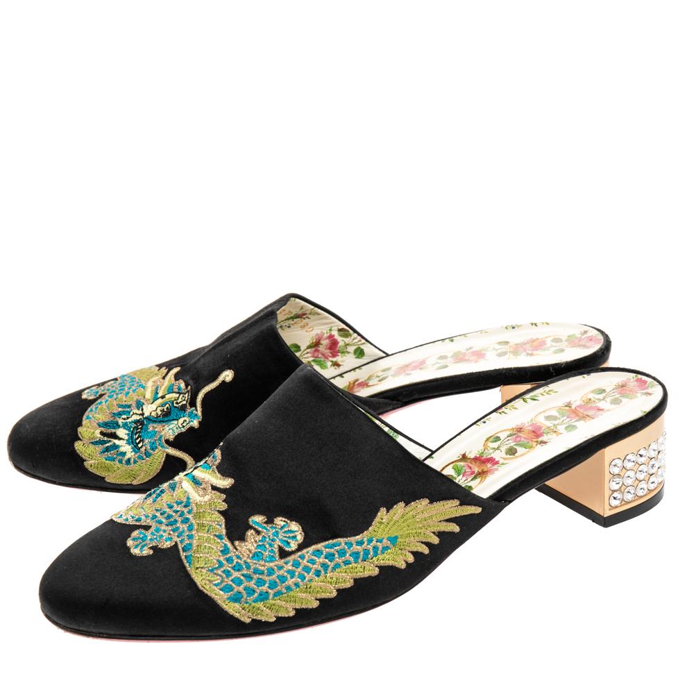 Women's Gucci Black Embroidered Satin Crystal Embellished Heel Mules Size 37