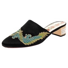 Gucci Black Embroidered Satin Crystal Embellished Heel Mules Size 37