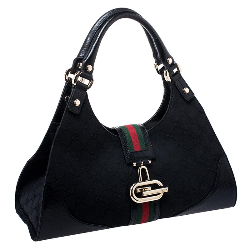 Gucci Black Fabric And Leather GG Supreme Web Hobo In Good Condition In Dubai, Al Qouz 2