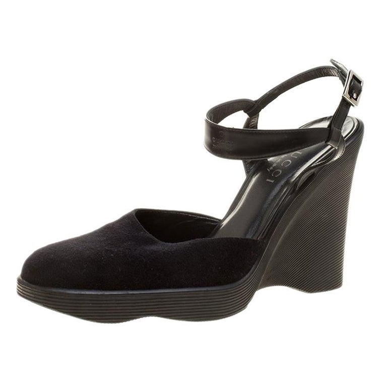 Gucci Black Felt Platform Wedge Ankle Strap Sandals Size 38 at 1stDibs