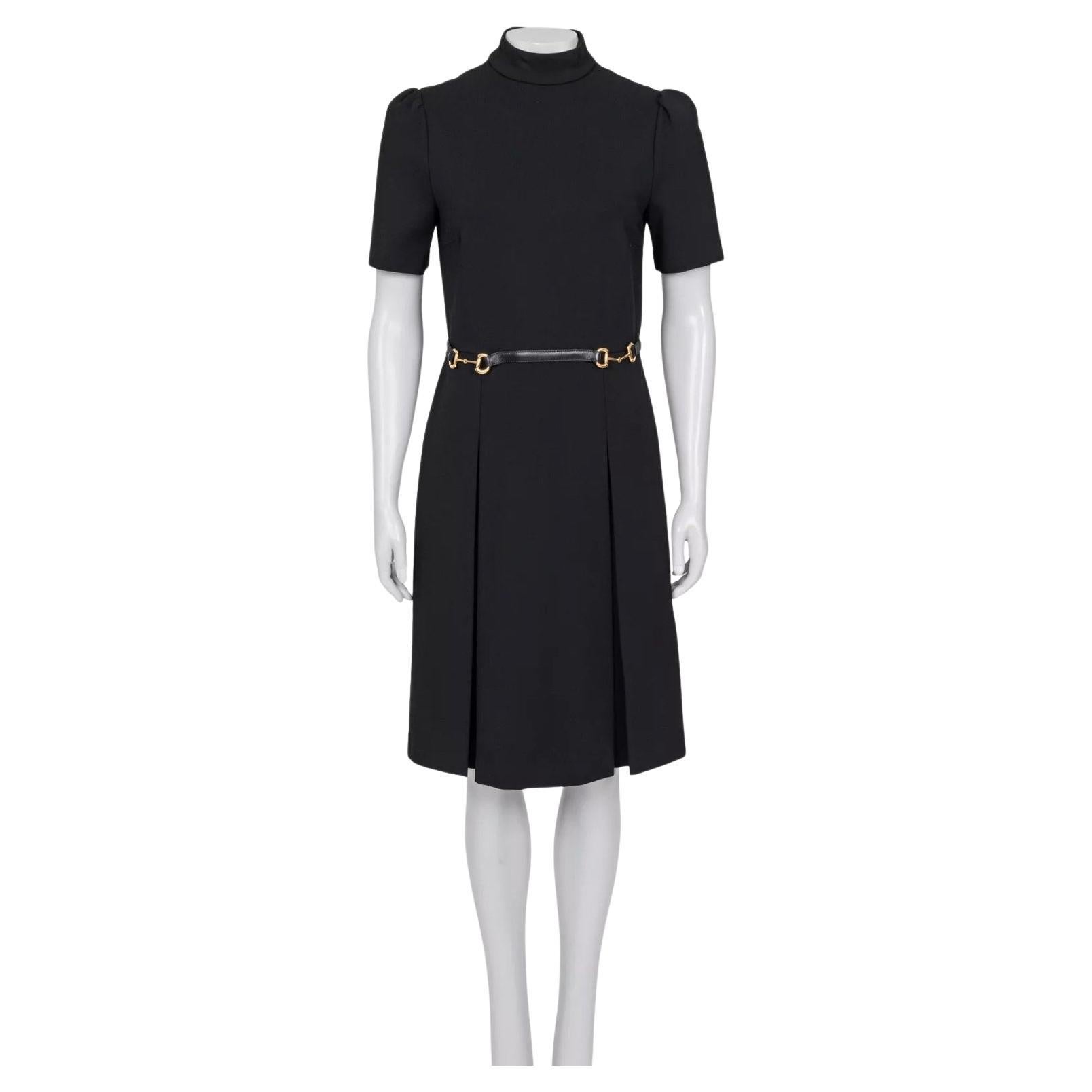 Gucci Black Fitted Gold Trim Belt Dress Sz.M