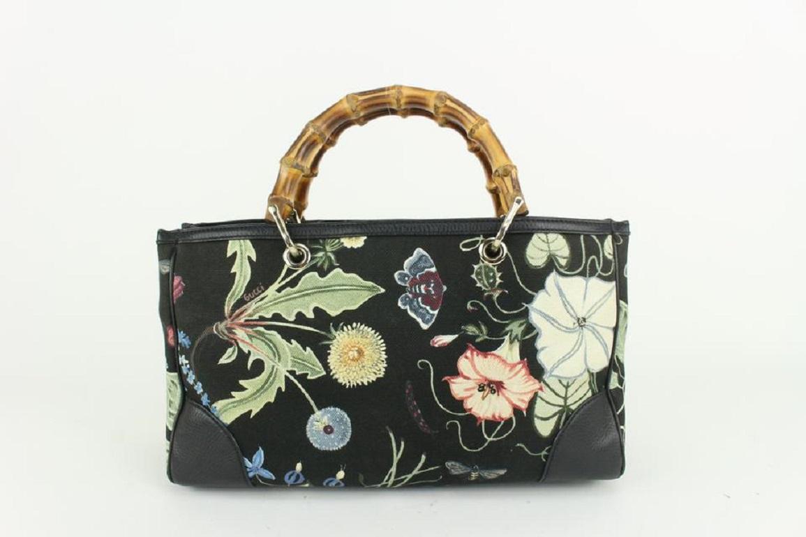 Gucci Black Flora Bamboo Hand Tote Floral Flower 830gk29 1