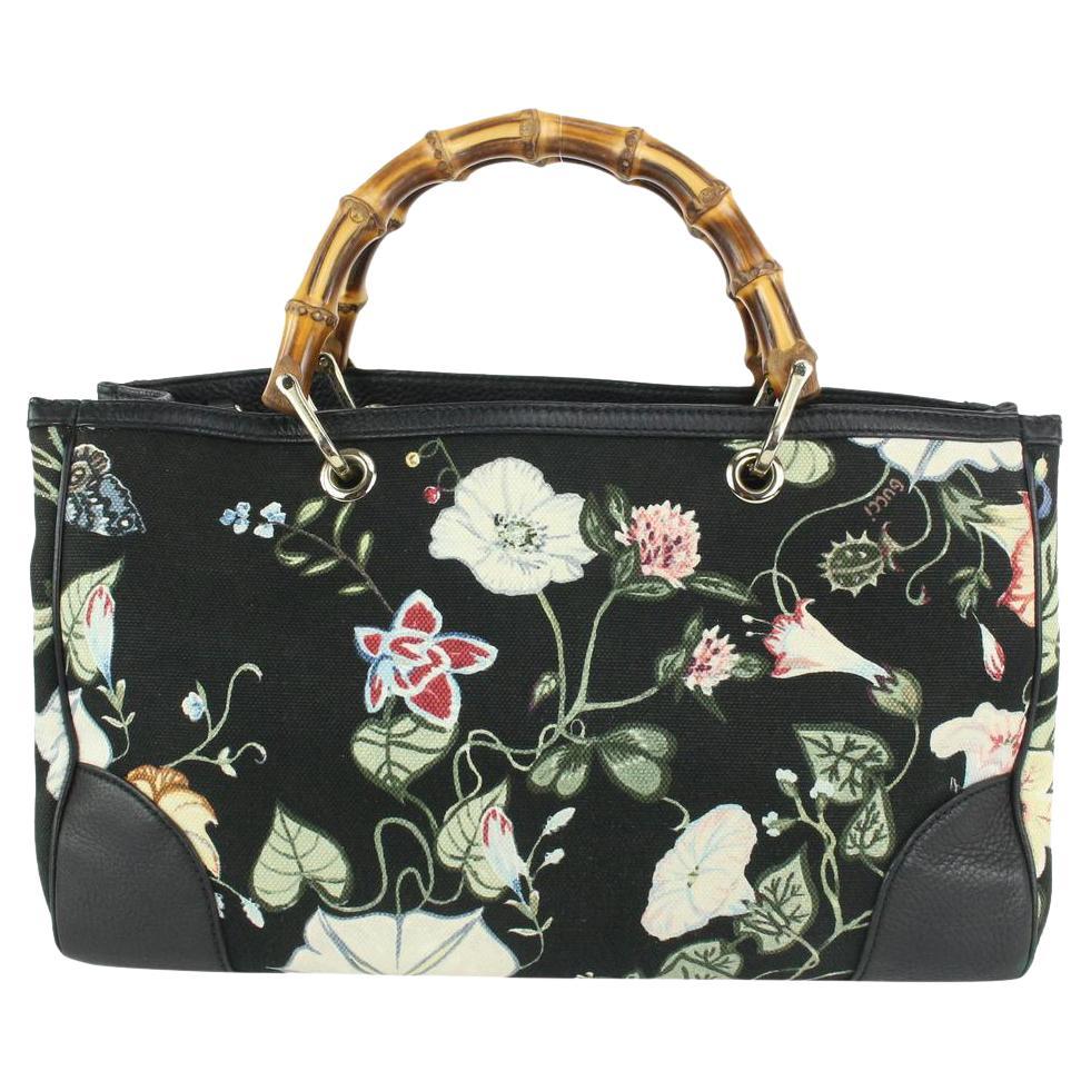 Gucci Black Flora Bamboo Hand Tote Floral Flower 830gk29