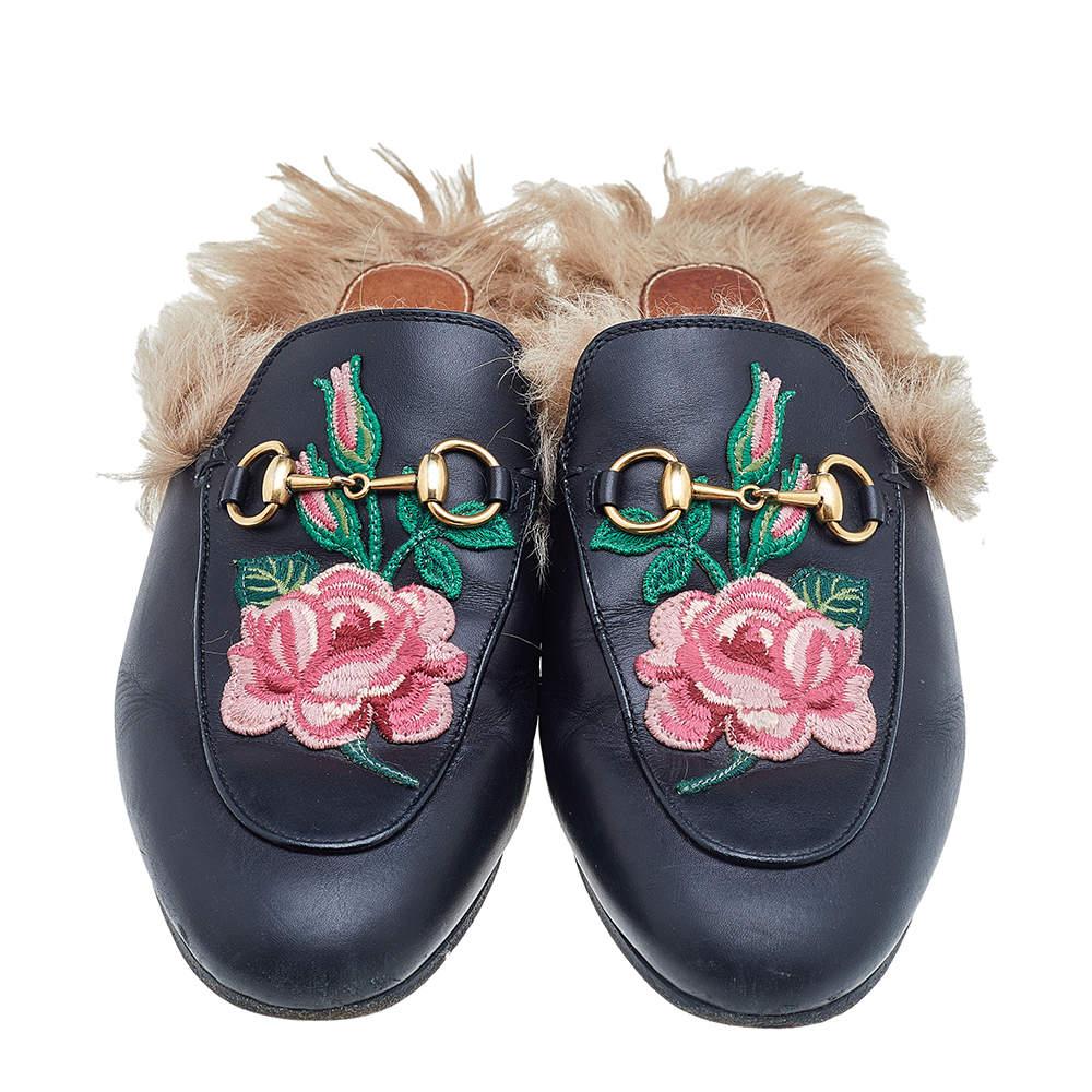 Gucci Black Floral Embroidered Leather And Fur Lined Princetown Horsebit Flat Mu 1