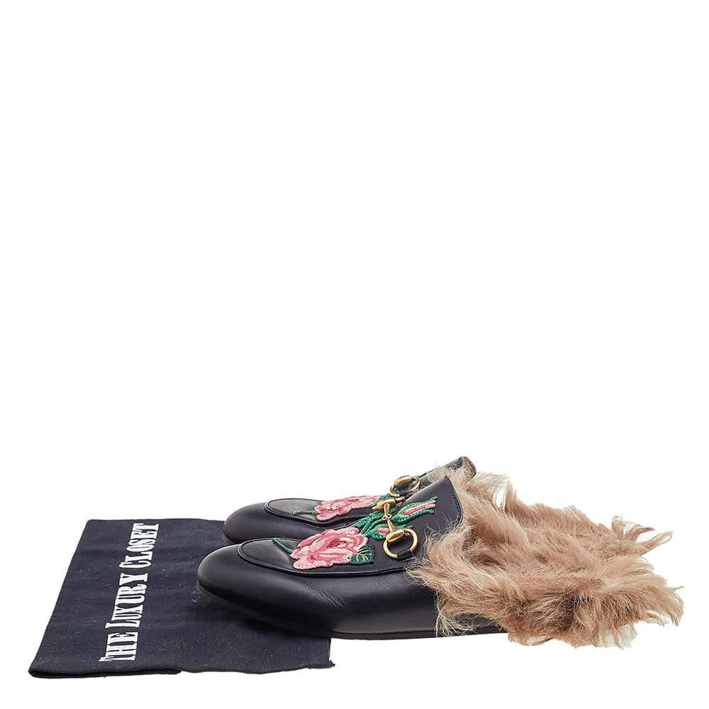 Gucci Black Floral Embroidered Leather And Fur Lined Princetown Horsebit Flat Mu 5