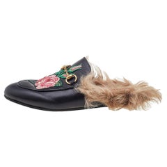 Gucci Black Floral Embroidered Leather And Fur Lined Princetown Horsebit Flat Mu
