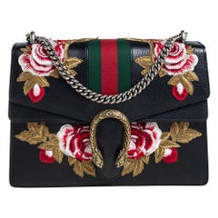 Gucci Black Floral Embroidered Leather Dionysus Shoulder Bag