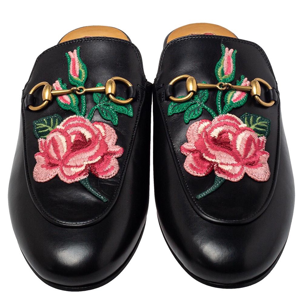 Women's Gucci Black Floral Embroidered Leather Horsebit Princetown Flat Mule Size 38