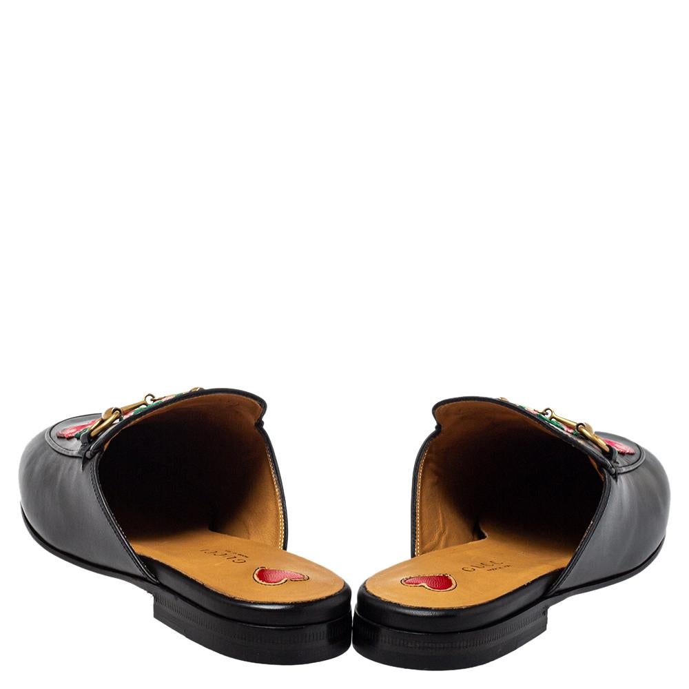 Gucci Black Floral Embroidered Leather Horsebit Princetown Flat Mule Size 38 1