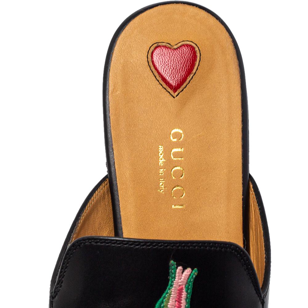 Gucci Black Floral Embroidered Leather Horsebit Princetown Flat Mule Size 38 2