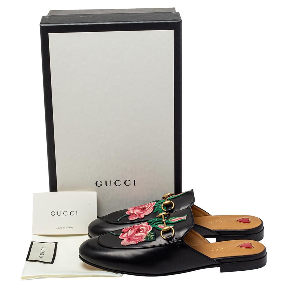 Gucci Black Floral Embroidered Leather Horsebit Princetown Flat Mule Size 38 4