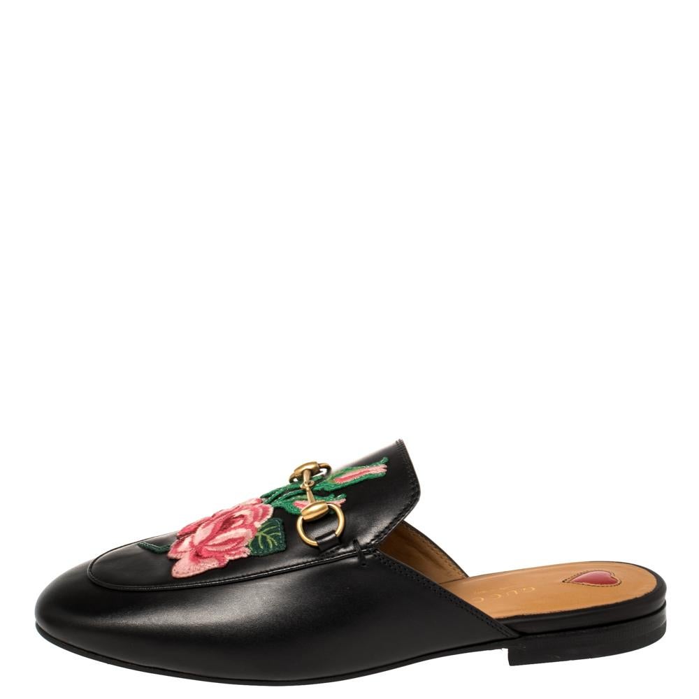 Gucci Black Floral Embroidered Leather Horsebit Princetown Flat Mules Size 38 1
