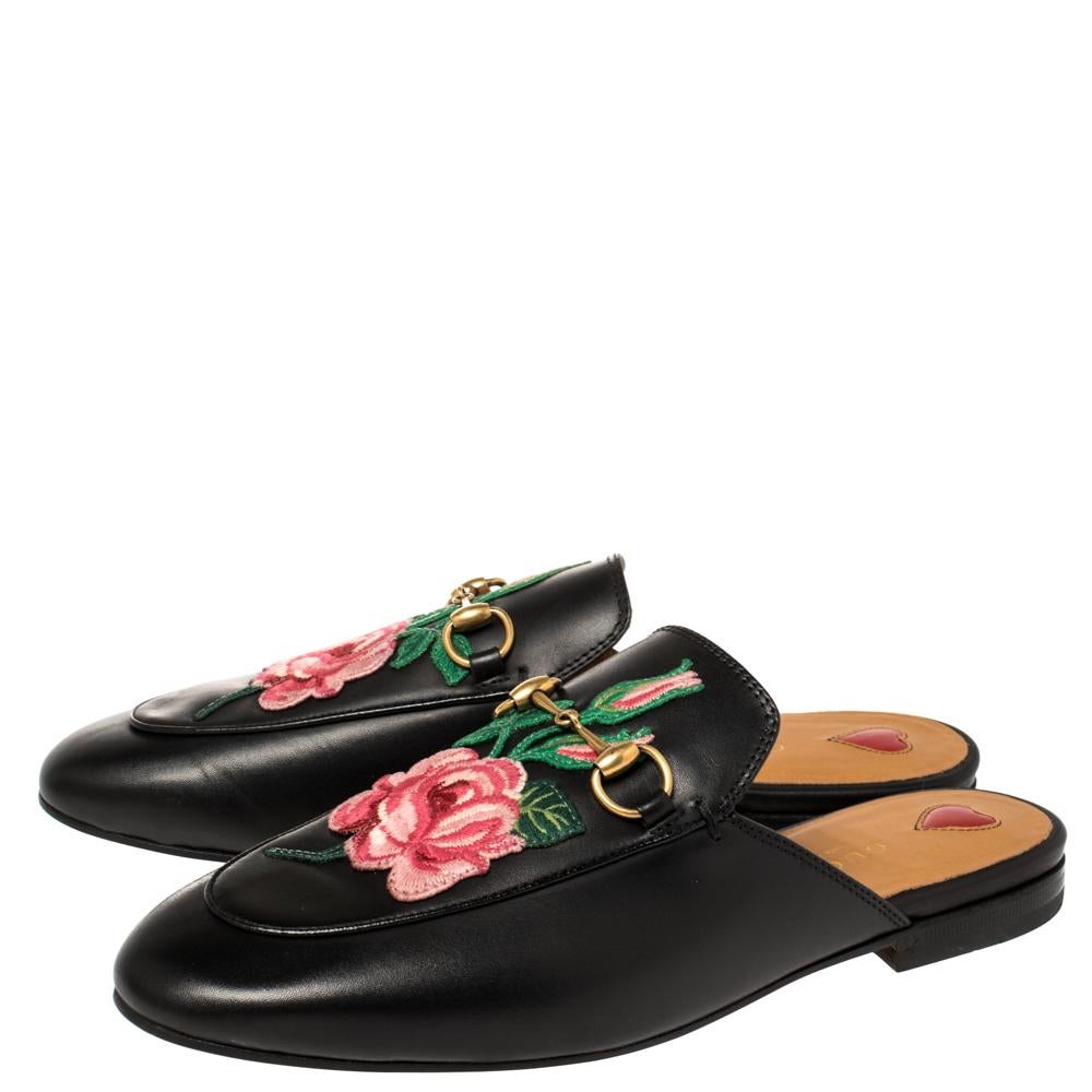 Gucci Black Floral Embroidered Leather Horsebit Princetown Flat Mules Size 38 2