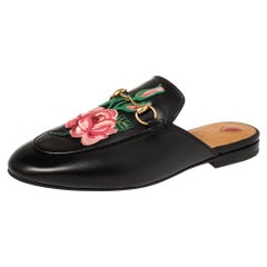 Gucci Black Floral Embroidered Leather Horsebit Princetown Flat Mules Size 38