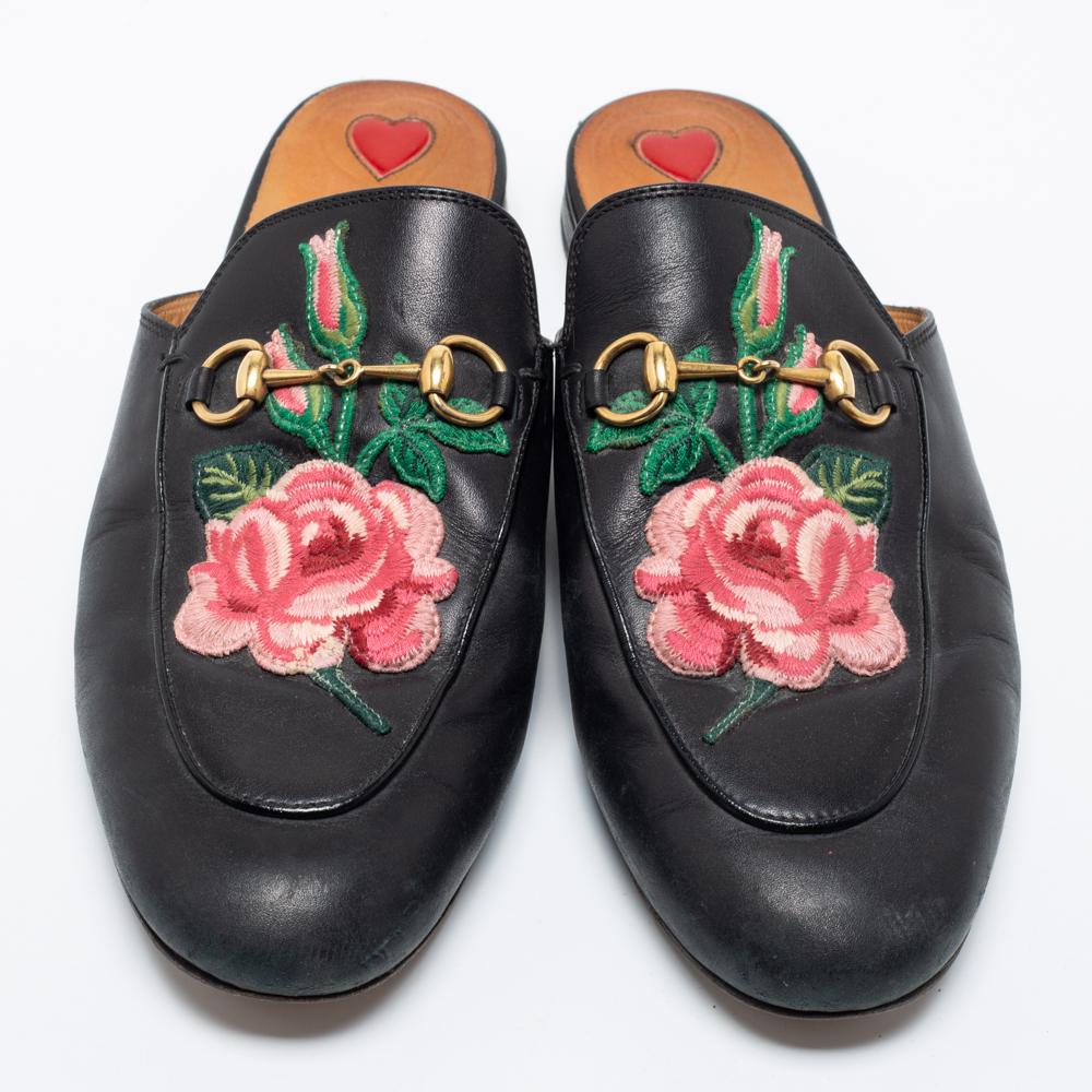 These Gucci Princetown mules are a fresh update on the perennially chic Gucci Horsebit loafers. They are enhanced by the signature Horsebit motif laid on the floral-embroidered leather exterior.

Includes: Original Dustbag

