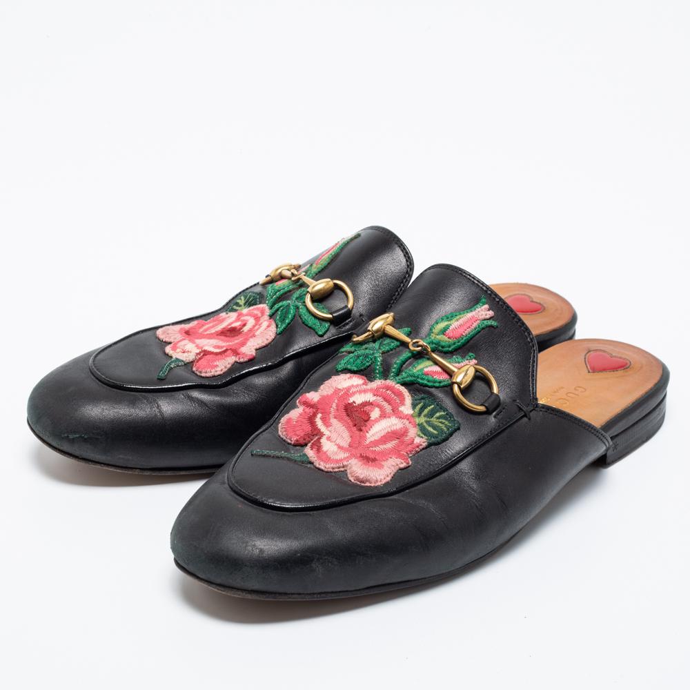 Women's Gucci Black Floral Embroidered Leather Horsebit Princetown Flat Mules Size 39