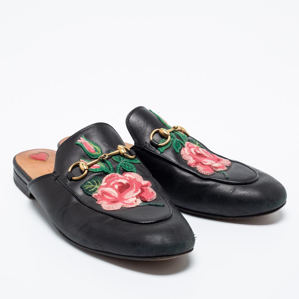 Gucci Black Floral Embroidered Leather Horsebit Princetown Flat Mules Size 39 1
