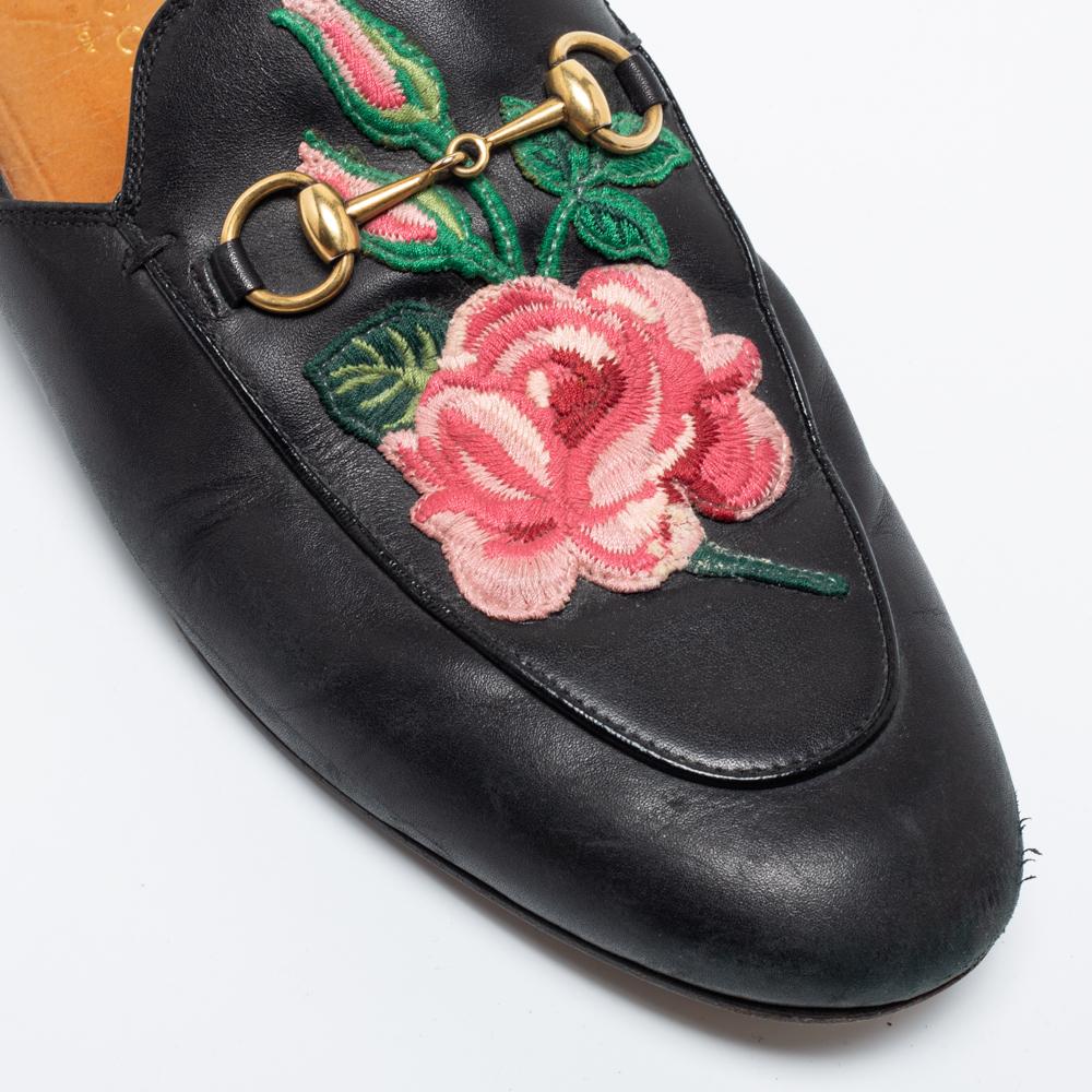 Gucci Black Floral Embroidered Leather Horsebit Princetown Flat Mules Size 39 3