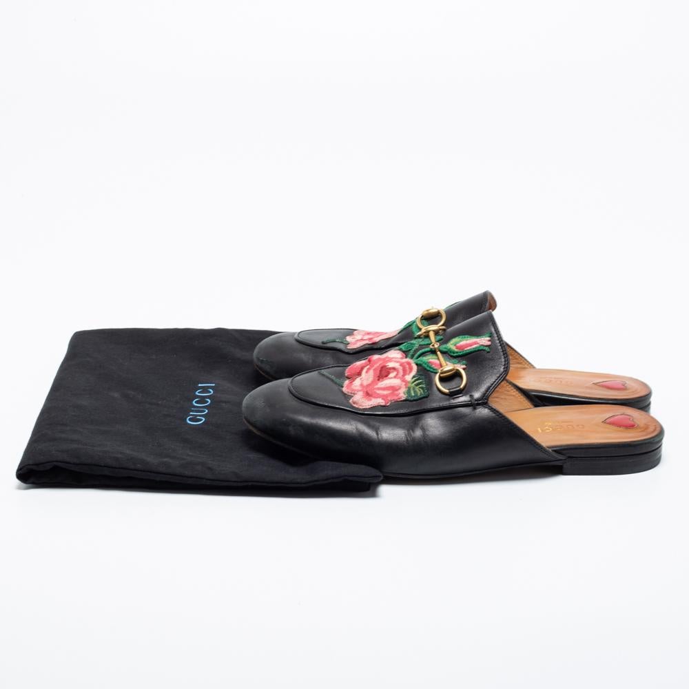 Gucci Black Floral Embroidered Leather Horsebit Princetown Flat Mules Size 39 4