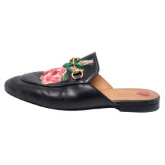Used Gucci Black Floral Embroidered Leather Horsebit Princetown Flat Mules Size 39