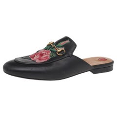 Gucci Black Floral Embroidered Leather Princetown Mules Size 40