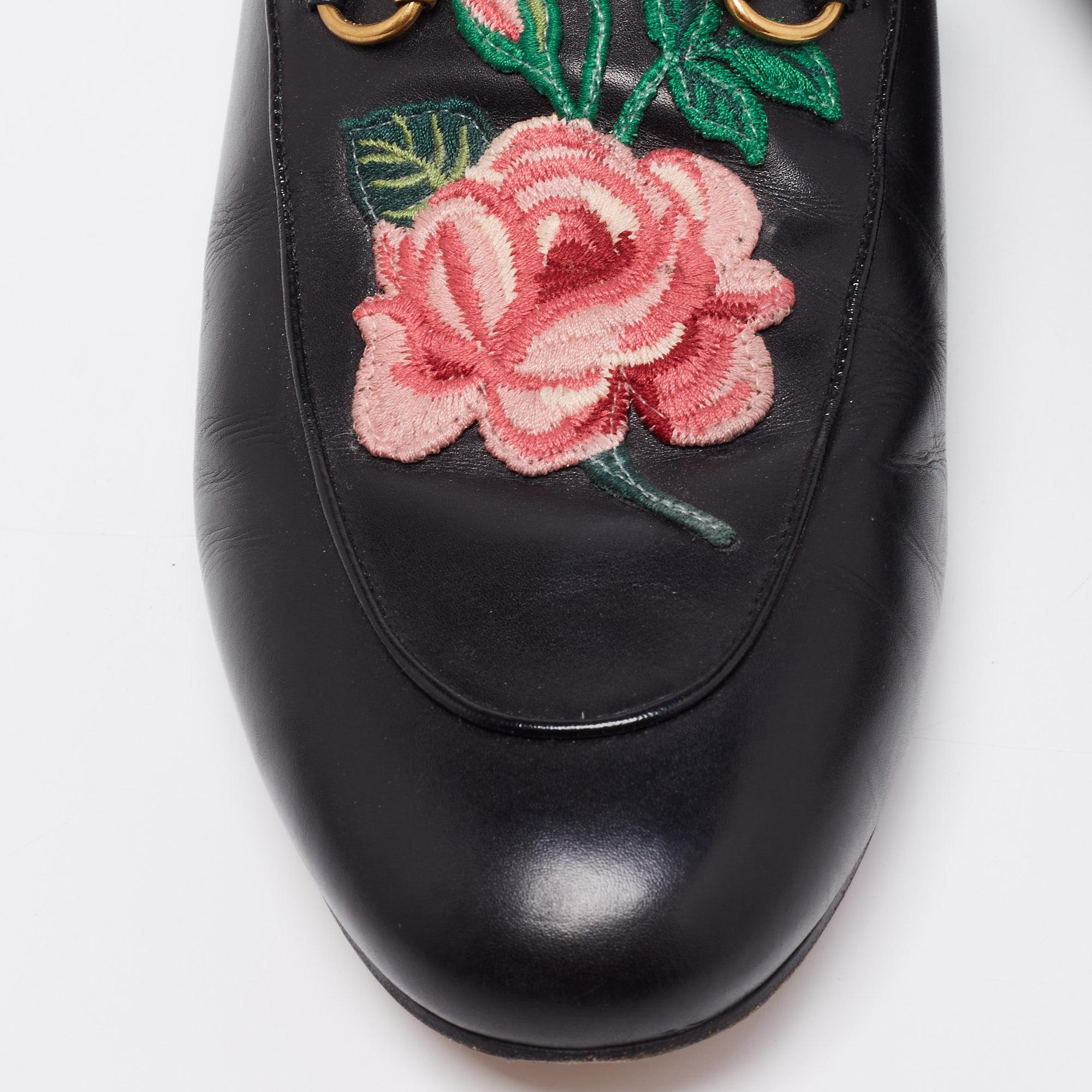 Women's Gucci Black Floral Embroidered Leather Princetown Mules Size 41.5