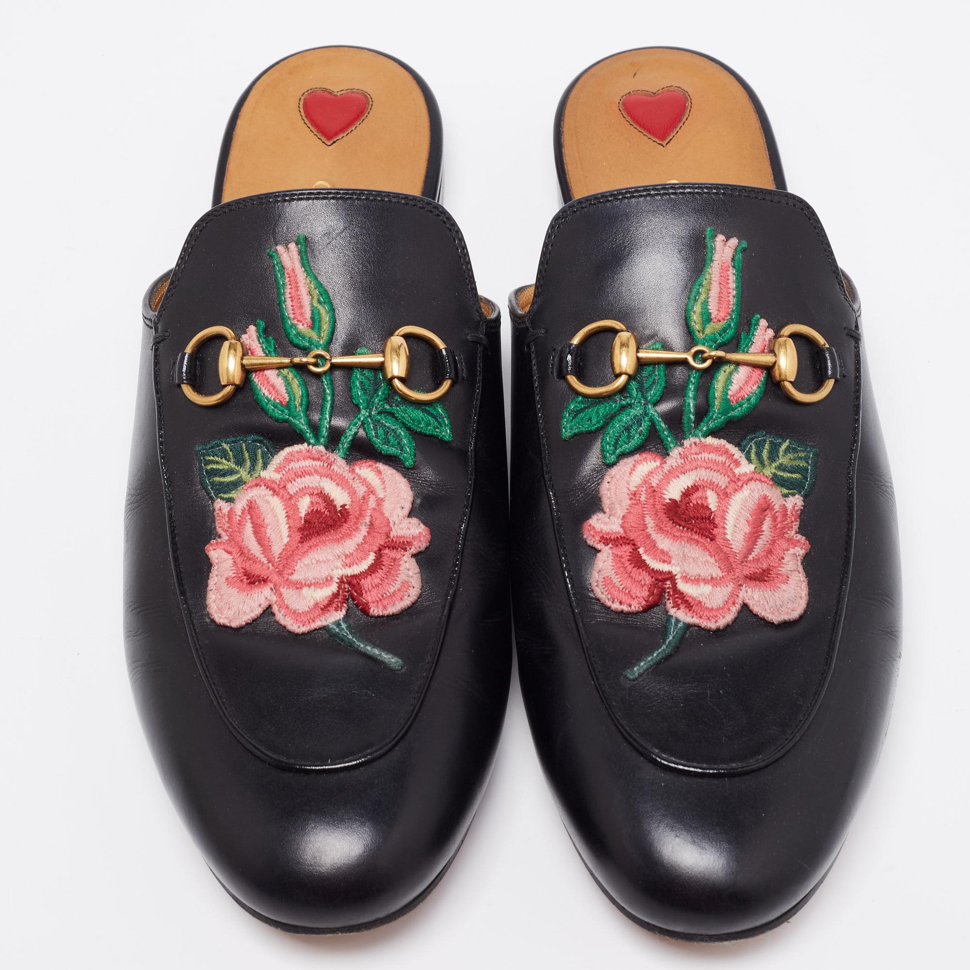 Gucci Black Floral Embroidered Leather Princetown Mules Size 41.5 1