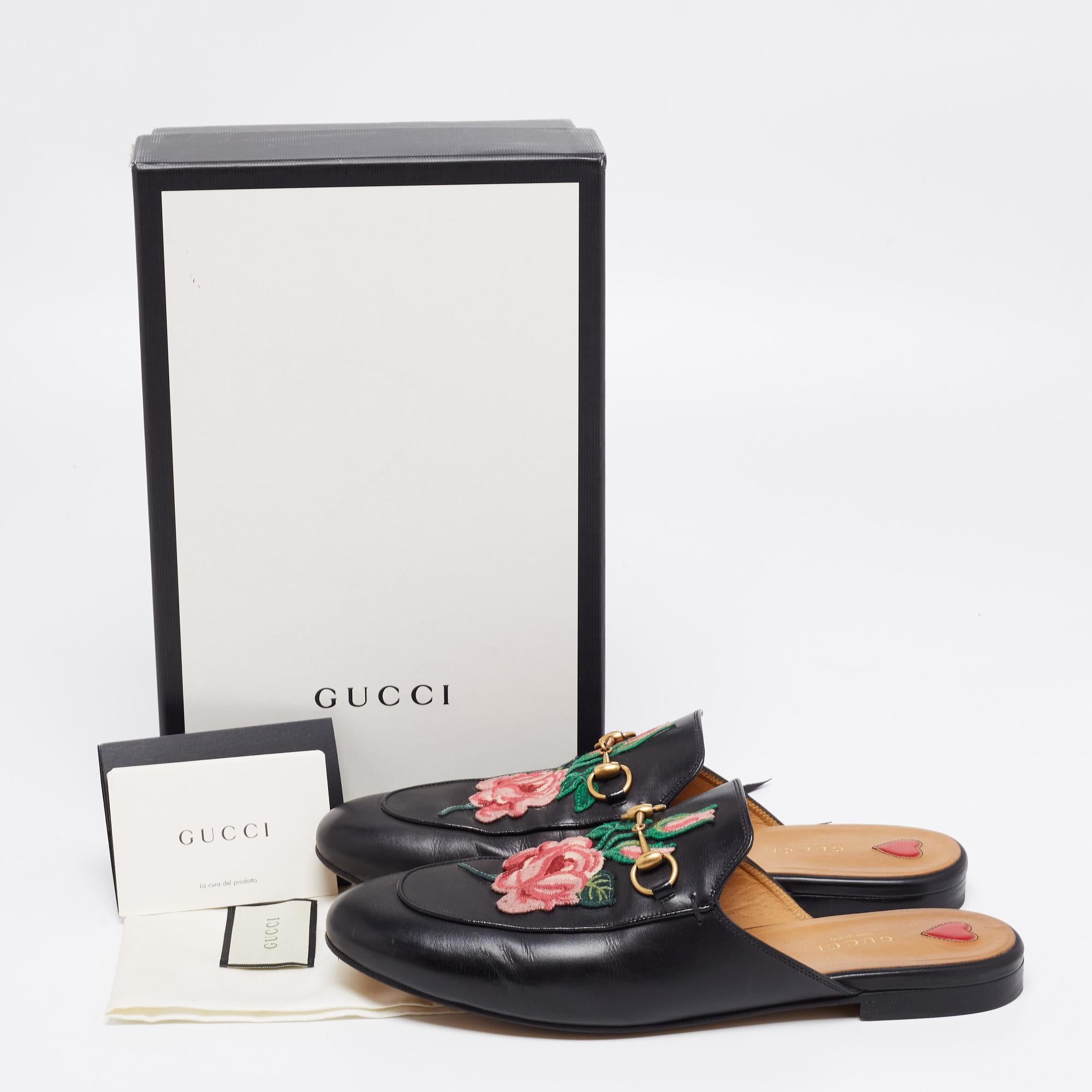 Gucci Black Floral Embroidered Leather Princetown Mules Size 41.5 3