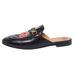 Gucci Black Floral Embroidered Leather Princetown Mules Size 41.5