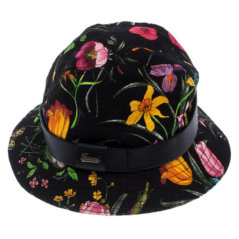 Gucci Black Floral Print Bucket Hat S In Good Condition In Dubai, Al Qouz 2