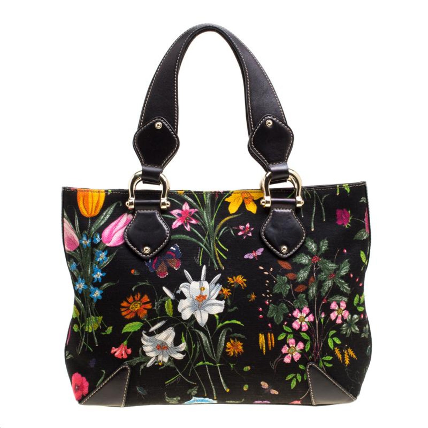 Gucci Black Floral Print Canvas Tote For Sale at 1stDibs