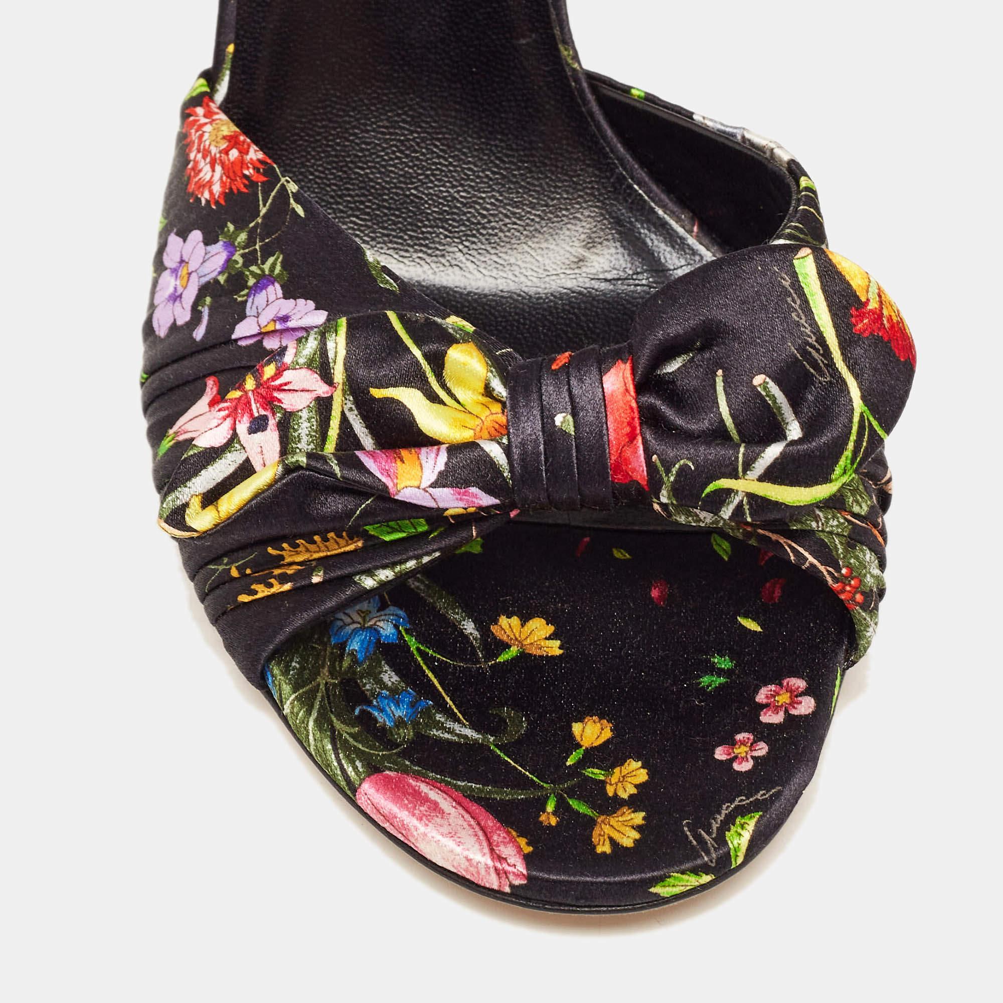 Women's Gucci Black Floral Print Pleated Satin Bow Ankle Strap Sandals Size 39